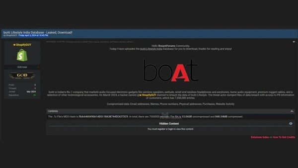印度消费电子厂商boAt遇重大数据泄露 超750万人波及
